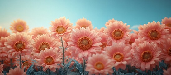 A vibrant field of pink sunflowers under a clear blue sky, evoking feelings of joy and nature's beauty
