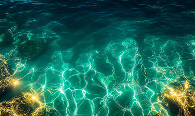 Dynamic water splash, bubbles, ripples, underwater light rays and tranquil ocean views