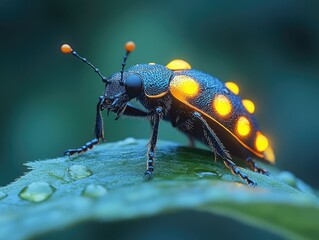 Fototapeta premium Close-up of a glowing beetle with water droplets on a leaf in the dark forest