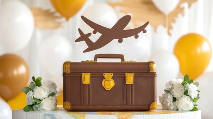 Vintage Travel Suitcase Surrounded by Balloons and Map Decor