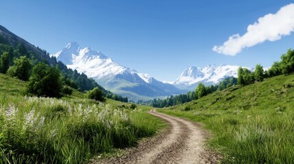 Mountain Valley Path with Snow Peaks