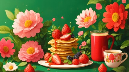 A vibrant breakfast scene featuring a stack of pancakes topped with strawberries, surrounded by colorful flowers and a refreshing drink.
