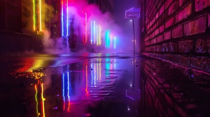 Naklejka premium Vibrant Neon Lights Reflected in Wet Alley at Night