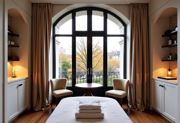 Fototapeta premium Paris Interior Design, Elegant Massage Parlor, Modern Style, Arched Black Windows, Neutral Tones, Beige Curtains, White Walls, Wooden Floors, Soft Lighting, Autumn Scenery. 