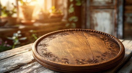 Obraz premium Rustic aged oak plate. Intricate floral carvings adorn its edges. Warm light streams in, highlighting the wood grain. A vintage table setting.
