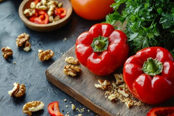 Traditional Middle Eastern dip Muhammara. Roasted red bell pepper with walnuts and spices.