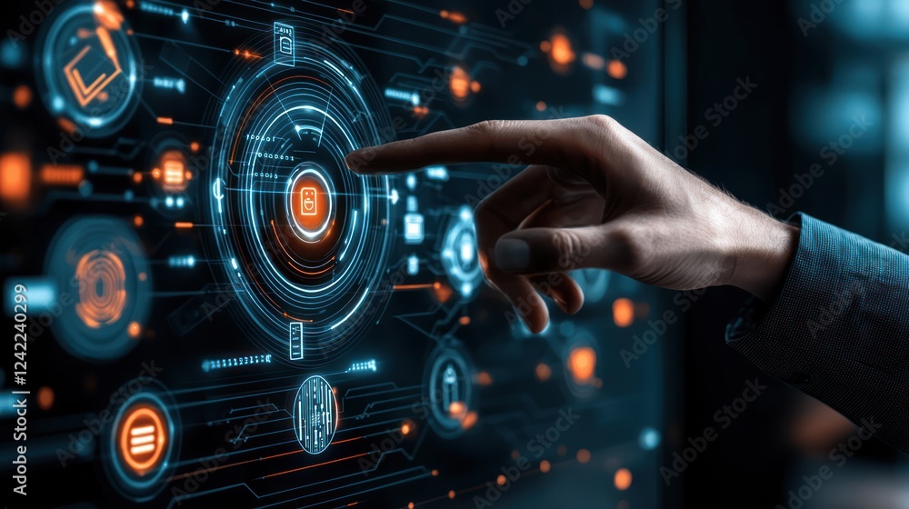 Poster a hand interacts with a futuristic touchscreen interface featuring glowing icons and data streams, s
