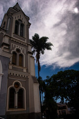 A wide shot of the Torre da Diocese, a historical church tower in São João da Boa Vista, Brazil,...