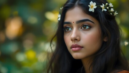Naklejka premium Portrait of a serene young woman with floral crown, radiating inner peace, suitable for beauty blogs, wellness campaigns or gentle lifestyle content.