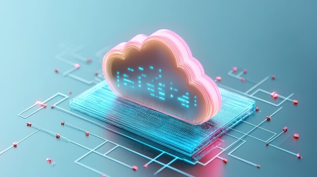 A digital cloud structure is depicted, featuring glowing elements and a data circuit background, representing cloud computing and technology.