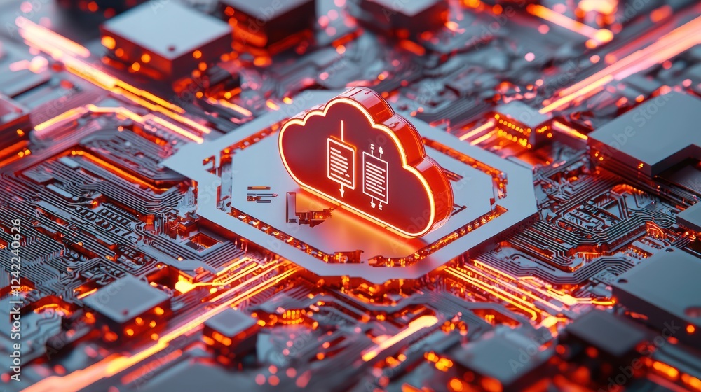 Poster a glowing cloud symbol sits on a circuit board, representing cloud computing and technology, illumin