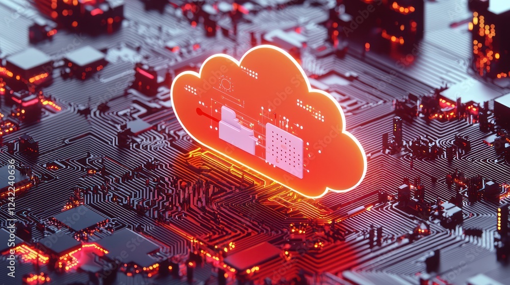 Poster a glowing cloud symbol over a detailed circuit board, representing cloud computing and digital techn