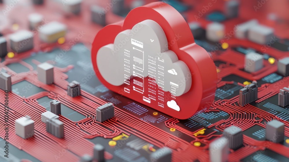 Poster a vibrant red circuit board features a prominent cloud symbol, representing cloud computing and digi