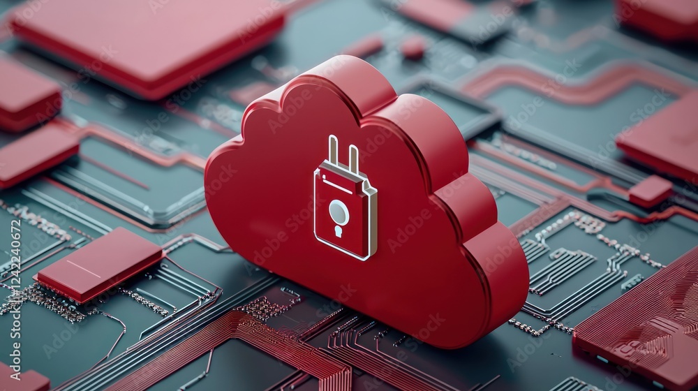 Aufkleber a red cloud icon with a plug symbol sits on a circuit board background, symbolizing cloud computing 
