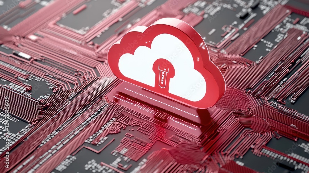 Aufkleber a red cloud symbol with a lightbulb sits atop a circuit board, representing cloud computing and inno
