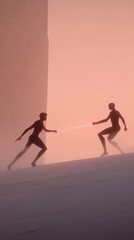 Obraz premium Two Figures Exchange Energy Across a Vast Landscape