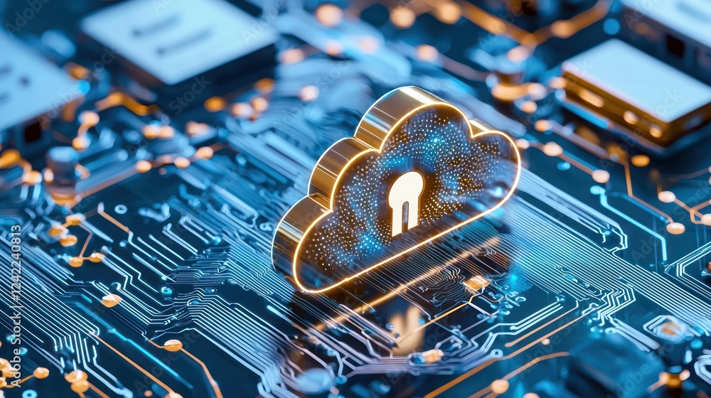 Aufkleber a digital cloud with a lock symbol, set against a circuit board background, representing cybersecuri