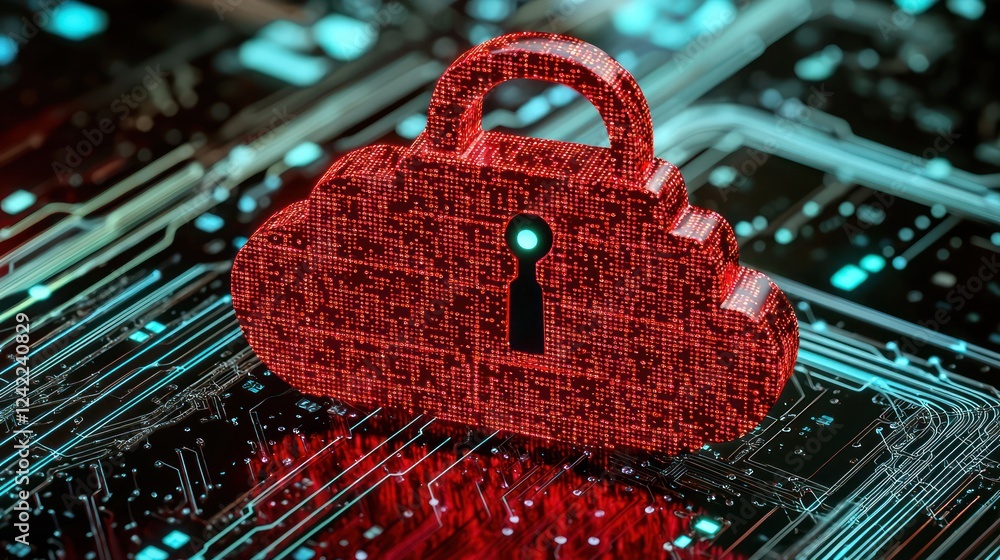 Aufkleber a digital cloud lock symbolizing cybersecurity, featuring a red pixelated design against a tech-them