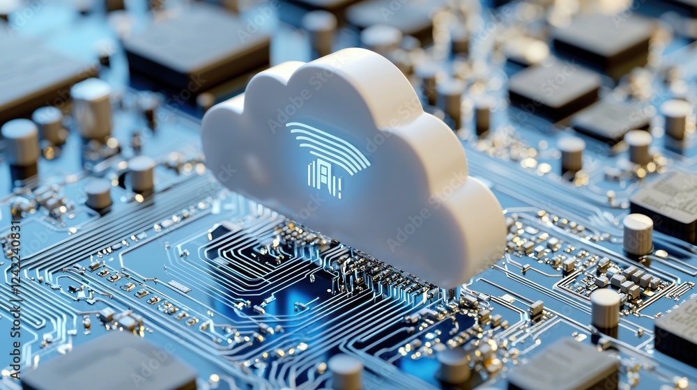 Aufkleber a stylized cloud icon is set against a circuit board background, symbolizing cloud computing and con