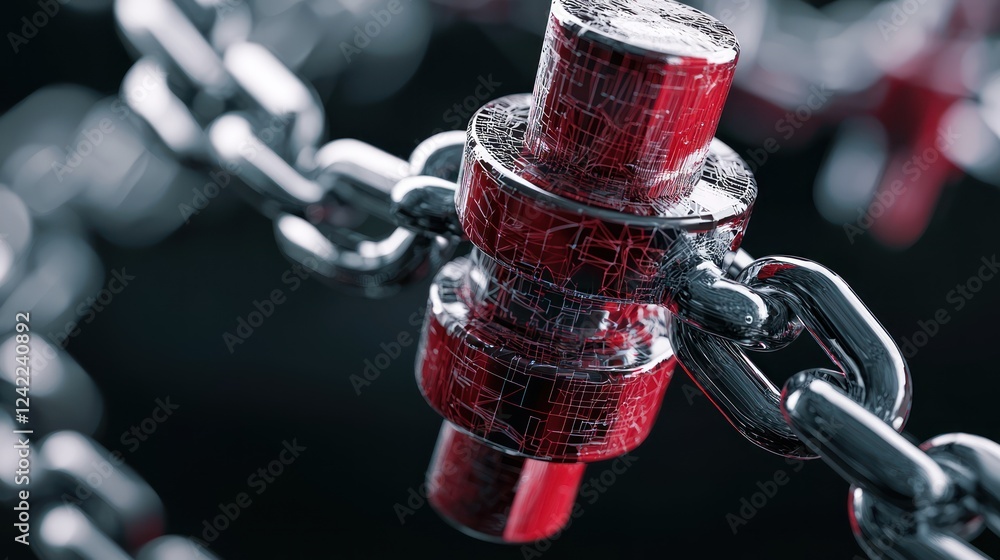 Poster a close-up of a metallic chain link with a striking red connector, showcasing details and textures a