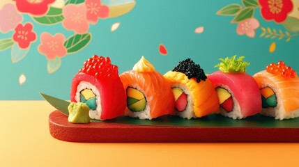 A vibrant sushi platter featuring colorful rolls garnished with seafood and vegetables, set against a floral background.