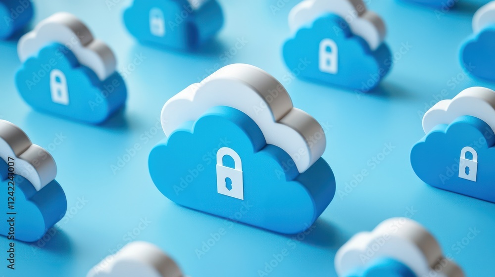 Poster a collection of blue cloud icons with lock symbols, representing cloud security and data protection 