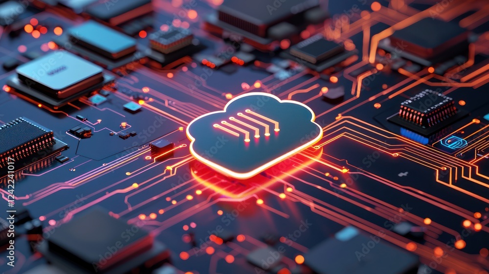 Poster a vibrant close-up of a circuit board featuring a glowing cloud symbol, representing digital technol