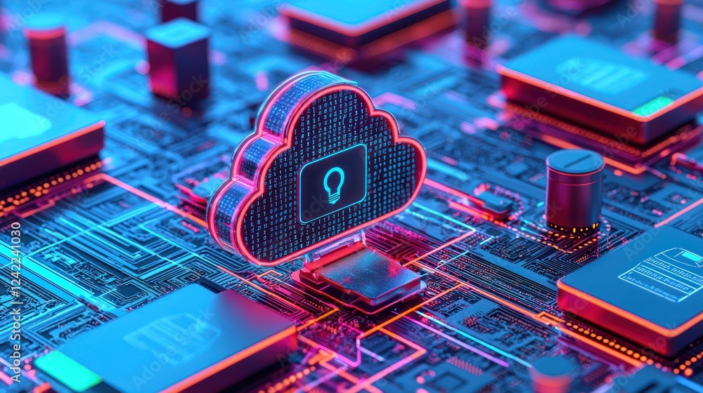 Aufkleber a digital cloud icon with a lock symbol floats above a circuit board, illustrating cybersecurity and