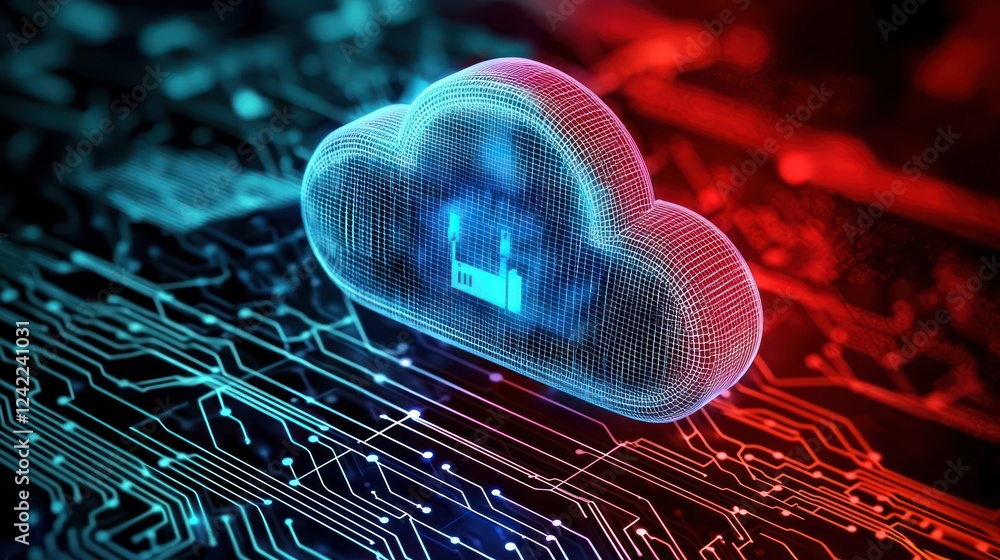Poster a digital cloud with a lock, set against a circuit board background, symbolizes data security and cl