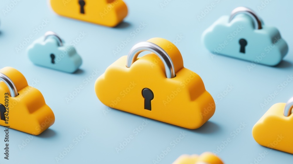 Poster colorful cloud-shaped locks symbolize digital security and cloud storage, emphasizing the importance