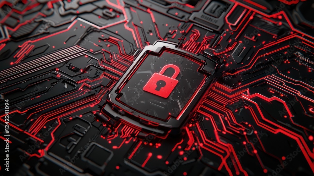 Poster a digital lock icon on a circuit board backdrop, symbolizing cybersecurity and data protection with 
