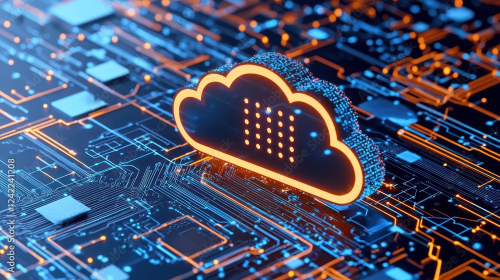 Poster a digital cloud symbol on a circuit board background, illustrating modern technology and cloud compu