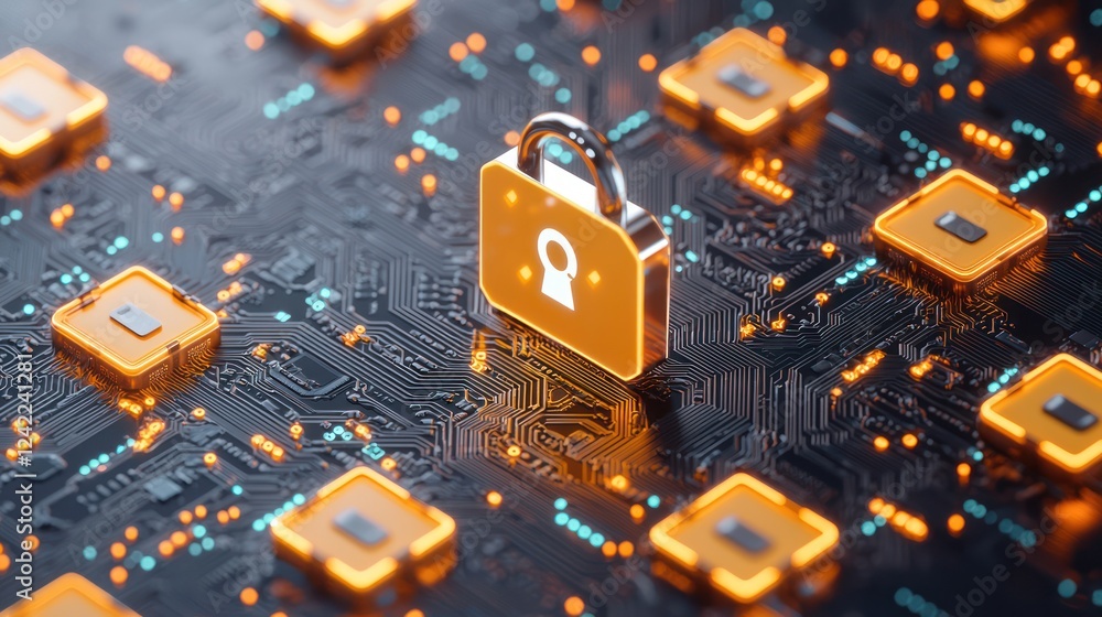 Aufkleber a digital lock sits on a circuit board, symbolizing cybersecurity and data protection within a tech 