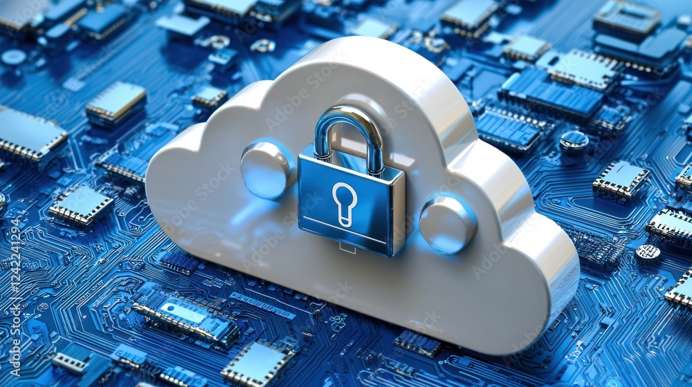 Aufkleber a cloud symbol with a lock represents digital security and data protection on a circuit board backgr
