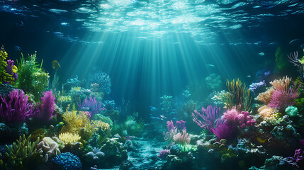 Obraz premium Dynamic water splash, bubbles, ripples, underwater light rays and tranquil ocean views