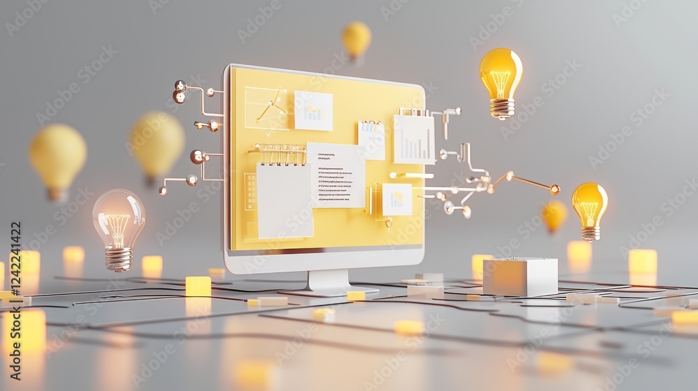 Poster a stylized computer monitor displays interconnected elements and glowing light bulbs, representing i