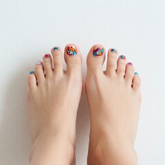 colorful toenails on bare feet against a white background