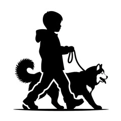 Fototapeta premium Boy walking an alaskan malamute dog with leash on hand black silhouette vector illustration. Malamute dog walker clip art element