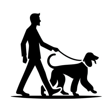 recommend clip art: A man walking an afghan hound dog with leash on hand black silhouette vector illustration	