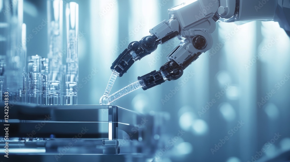 Poster a medium closeup image of a robotic arm in motion precisely dispensing dna oligonucleotides onto a g