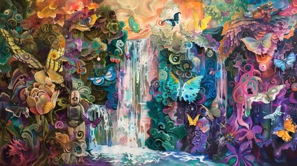 Vibrant Fantasy Landscape with Waterfall and Colorful Butterflies
