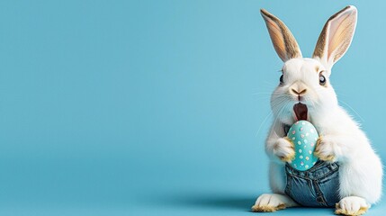 Obraz premium Adorable White Bunny Holding Easter Egg on Blue Background