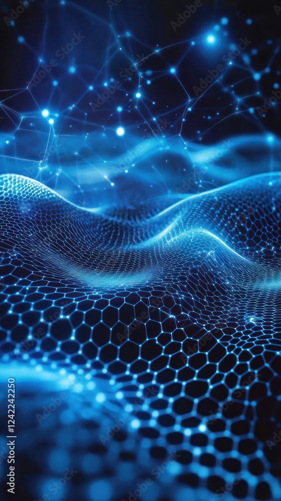 Poster blue digital network with connected dots and hexagonal mesh for technology or scientific uses
