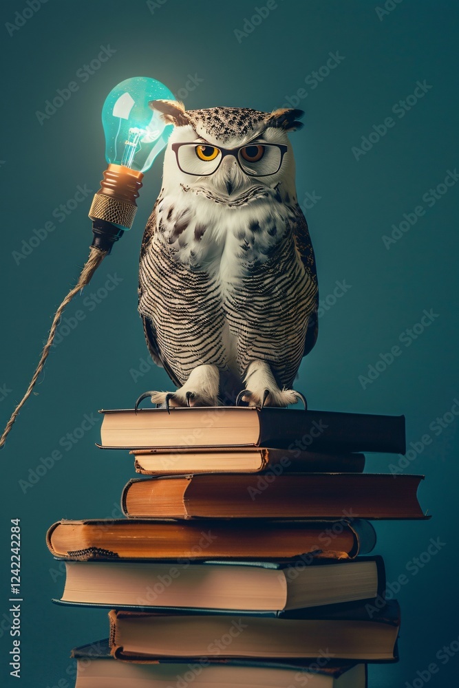 Poster wise owl wearing glasses standing on a stack of books with a light bulb, representing knowledge and 