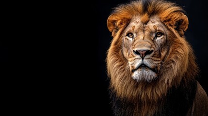 Fototapeta premium Portrait of a majestic lion, isolated on a black background, with copy space concept. World Wildlife Day campaign.
