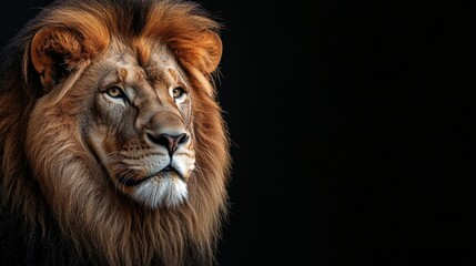 Fototapeta premium Portrait of a majestic lion, isolated on a black background, with copy space concept. World Wildlife Day campaign.