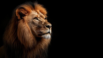 Fototapeta premium Portrait of a majestic lion, isolated on a black background, with copy space concept. World Wildlife Day campaign.
