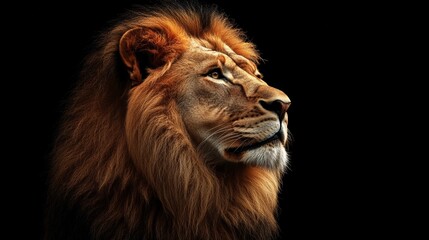 Fototapeta premium Portrait of a majestic lion, isolated on a black background, with copy space concept. World Wildlife Day campaign.