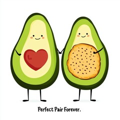 Funny Avocado with Heart Seed and Toast with Cute Expression, Representing 'Perfect Pair Forever'