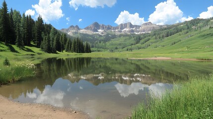 Fototapeta premium Scenic mountain landscape with reflections in a calm lake, lush greenery surrounds.